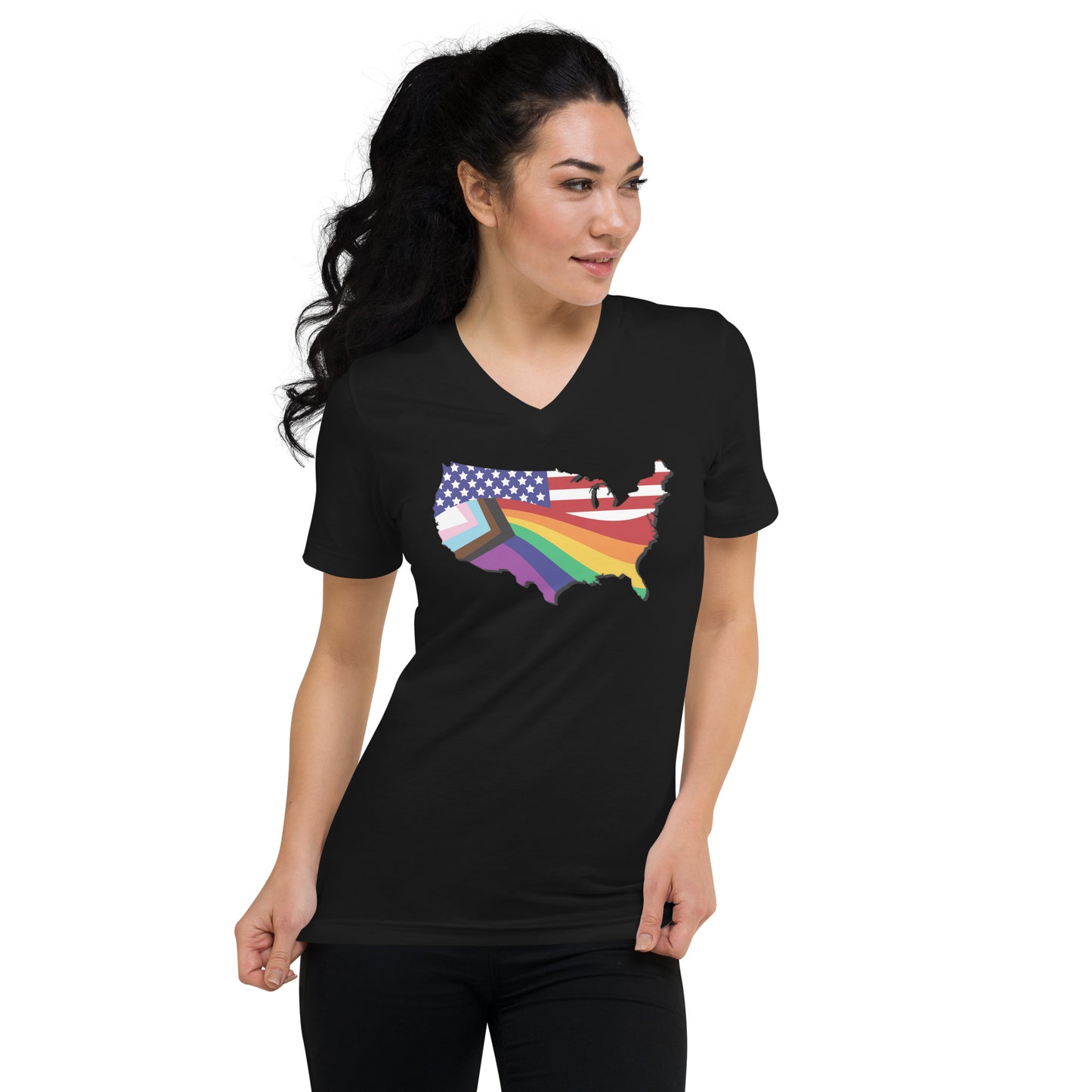 US Map Old Glory Pride - V-Neck T-Shirt - Supporting Equal Rights for All Americans Shirts & Tops Woke American Apparel Black S