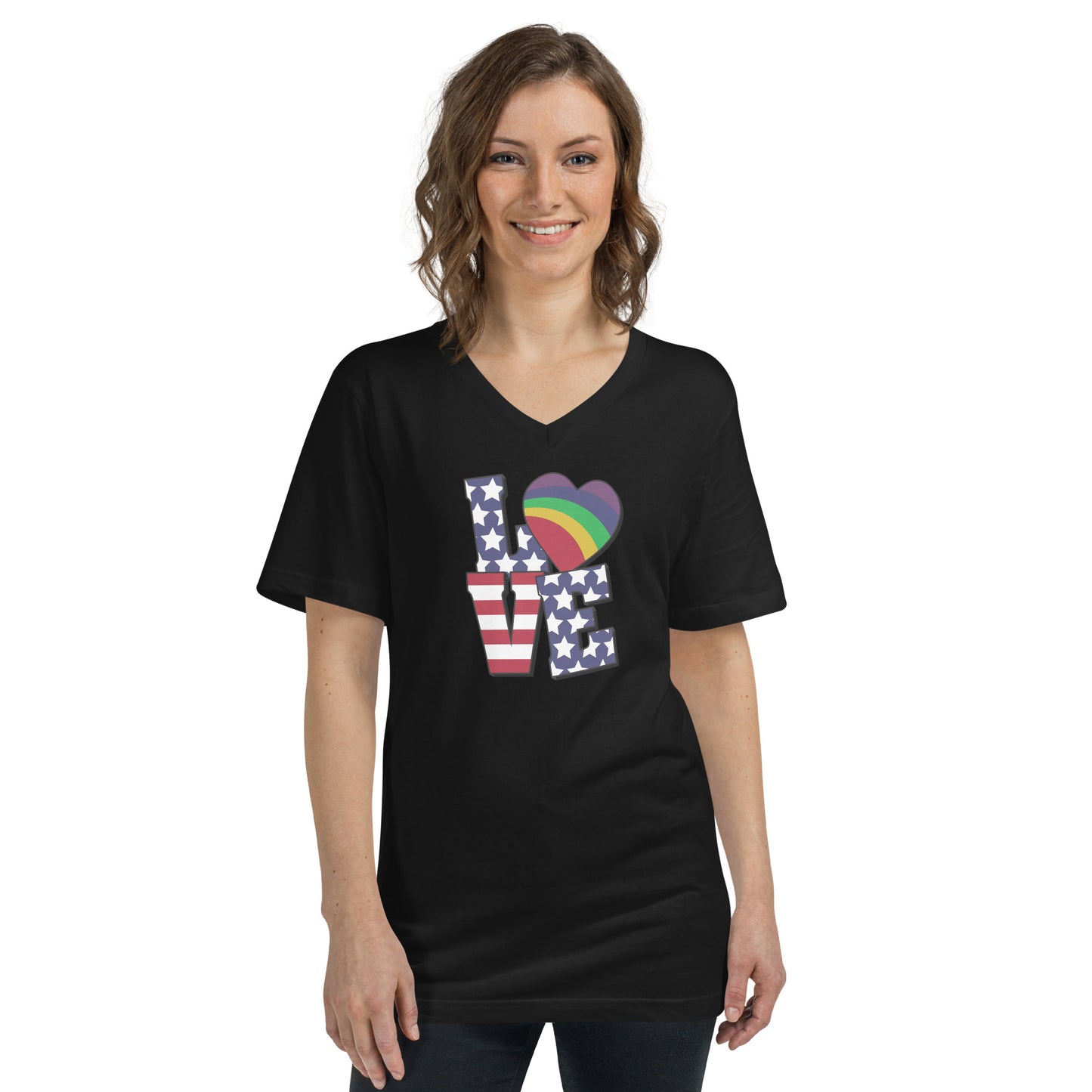 Old Glory Love with Rainbow Heart - V-Neck T-Shirt - Supporting Equal Rights for All Americans Shirts & Tops Woke American Apparel Black S