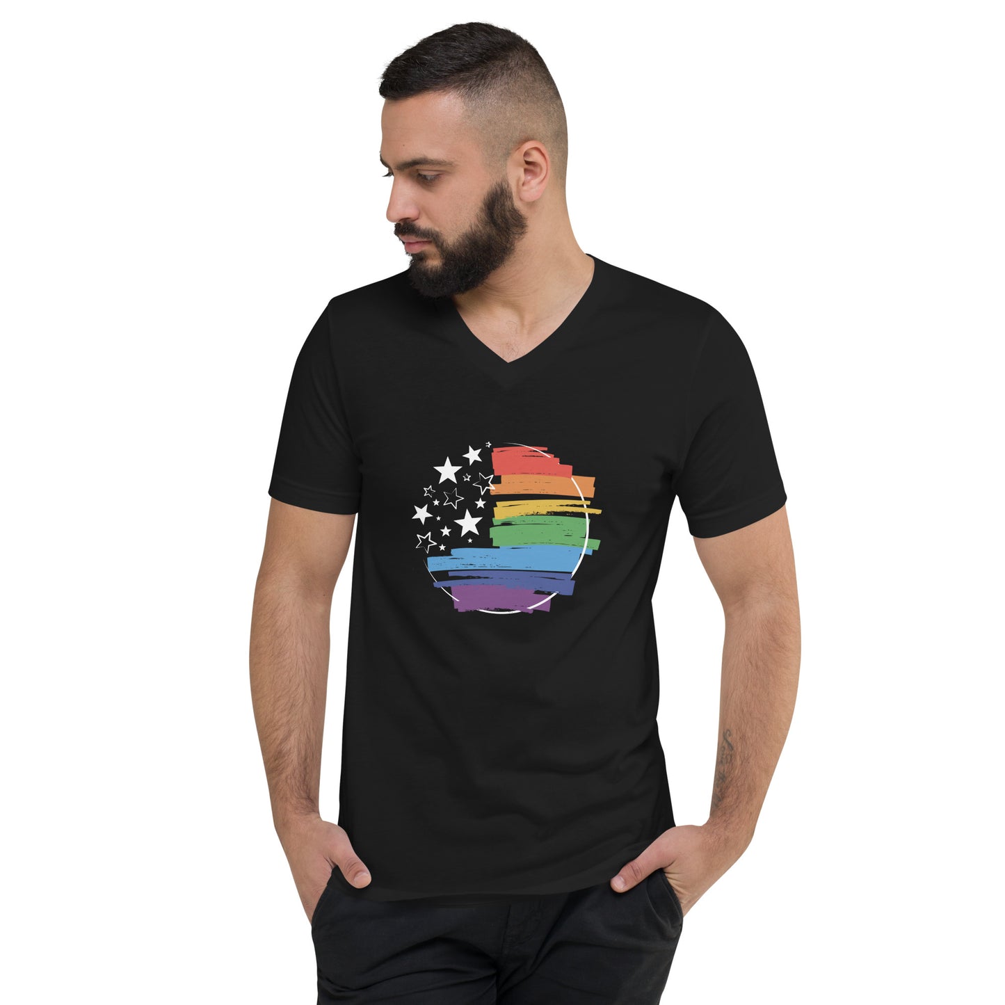 Stars & Pride - Unisex V-Neck T-Shirt - Supporting LGBTQIA+ Rights Shirts & Tops Woke American Apparel S