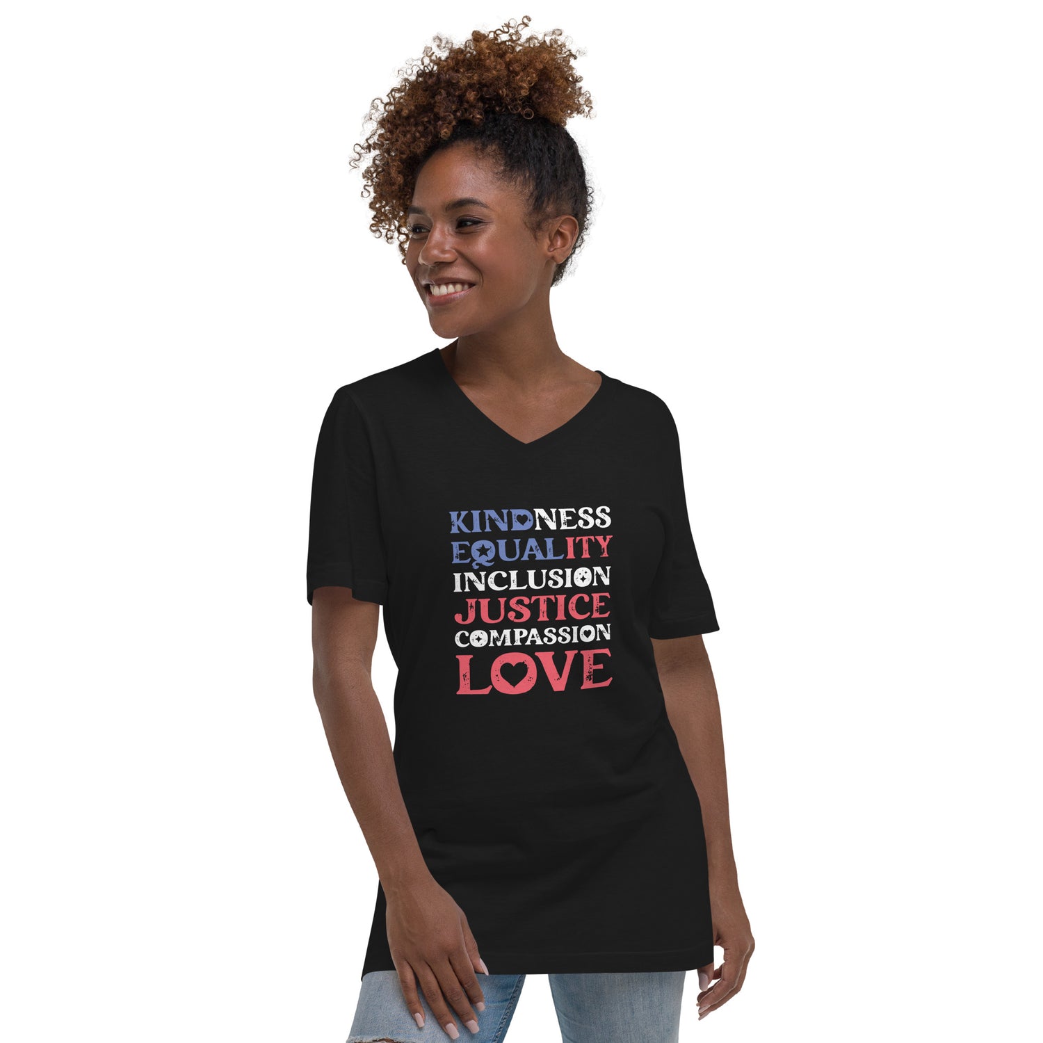 Kindness Equality Inclusion Justice Compassion Love - Unisex V-Neck T-Shirt - Supporting Equal Rights for All Americans Shirts & Tops Woke American Apparel S