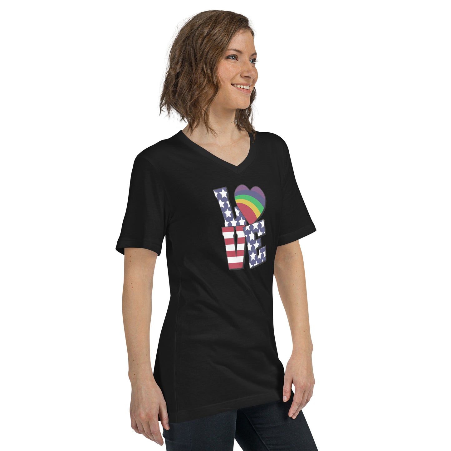 Old Glory Love with Rainbow Heart - V-Neck T-Shirt - Supporting Equal Rights for All Americans Shirts & Tops Woke American Apparel