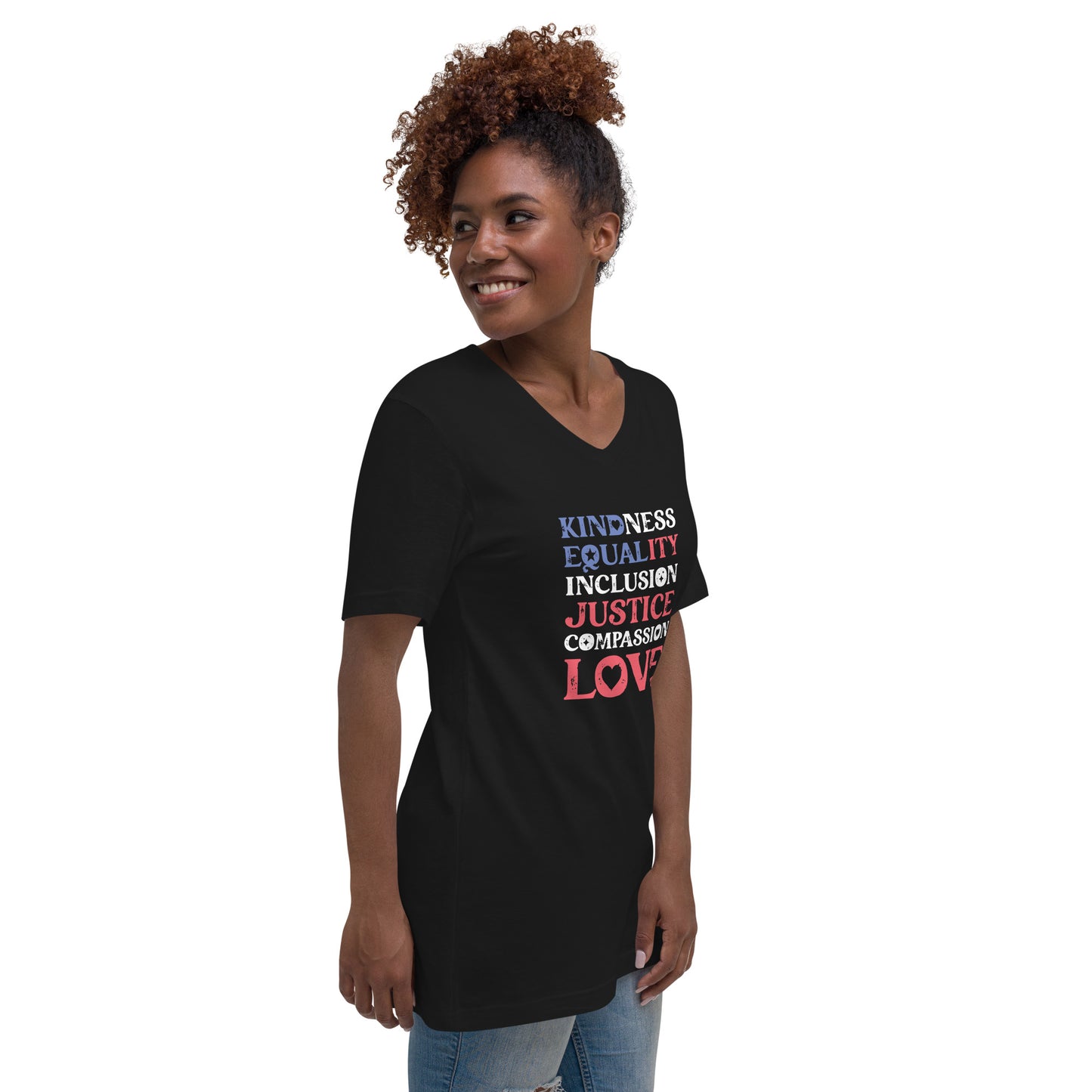 Kindness Equality Inclusion Justice Compassion Love - Unisex V-Neck T-Shirt - Supporting Equal Rights for All Americans Shirts & Tops Woke American Apparel