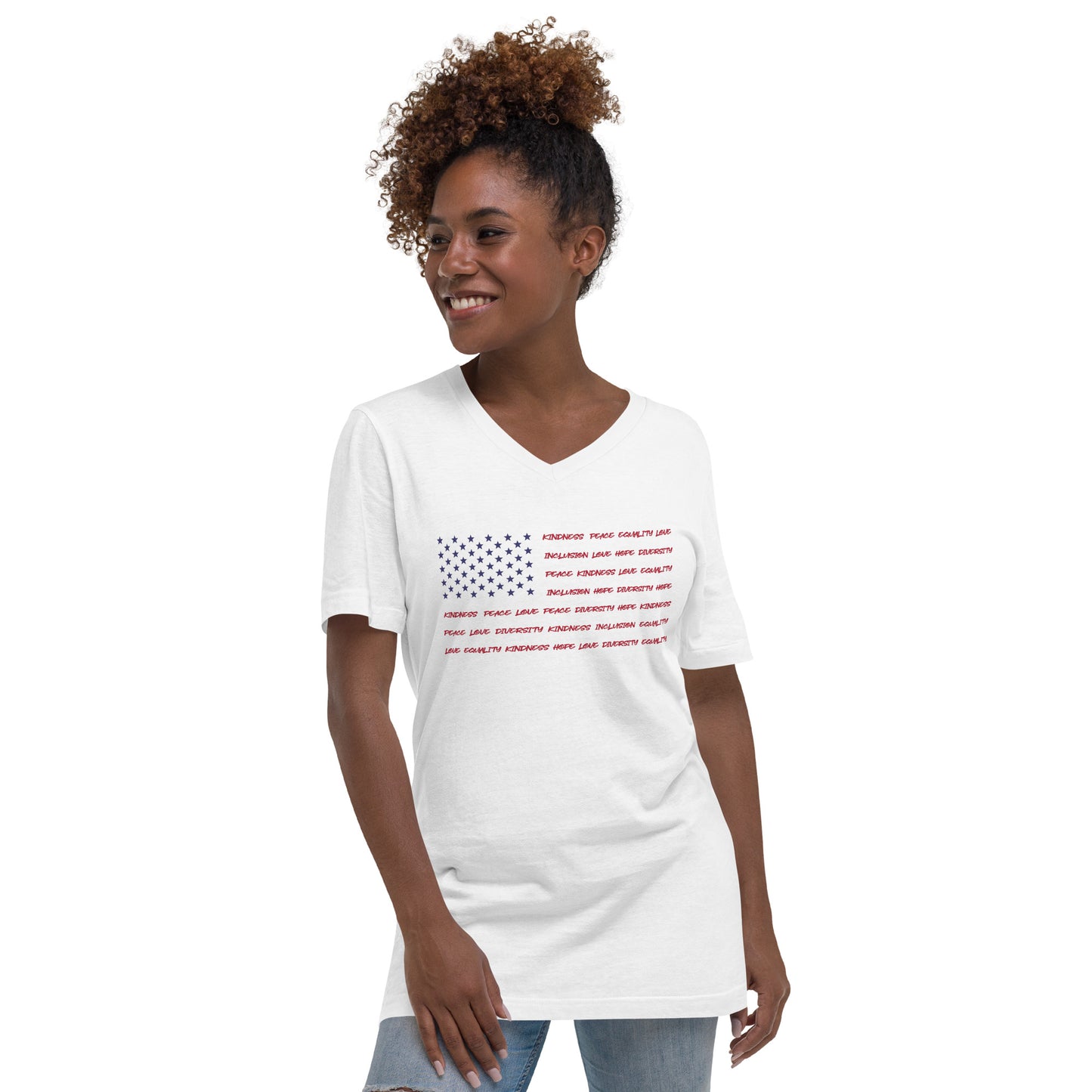 Flag Words of Kindness - V-Neck T-Shirt - Supporting Equal Rights for All Americans Shirts & Tops Woke American Apparel S