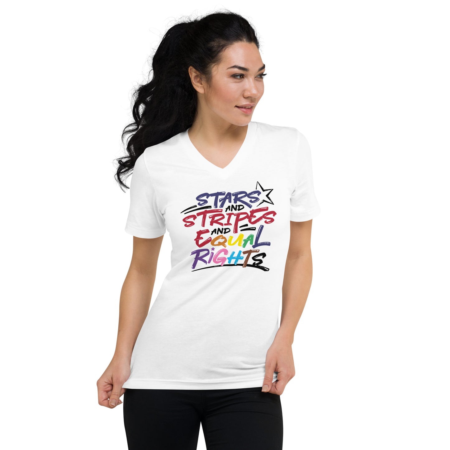 Stars and Stripes and Equal Rights (Rainbow Letters) - V-Neck T-Shirt - Supporting Equal Rights for All Americans Shirts & Tops Woke American Apparel S