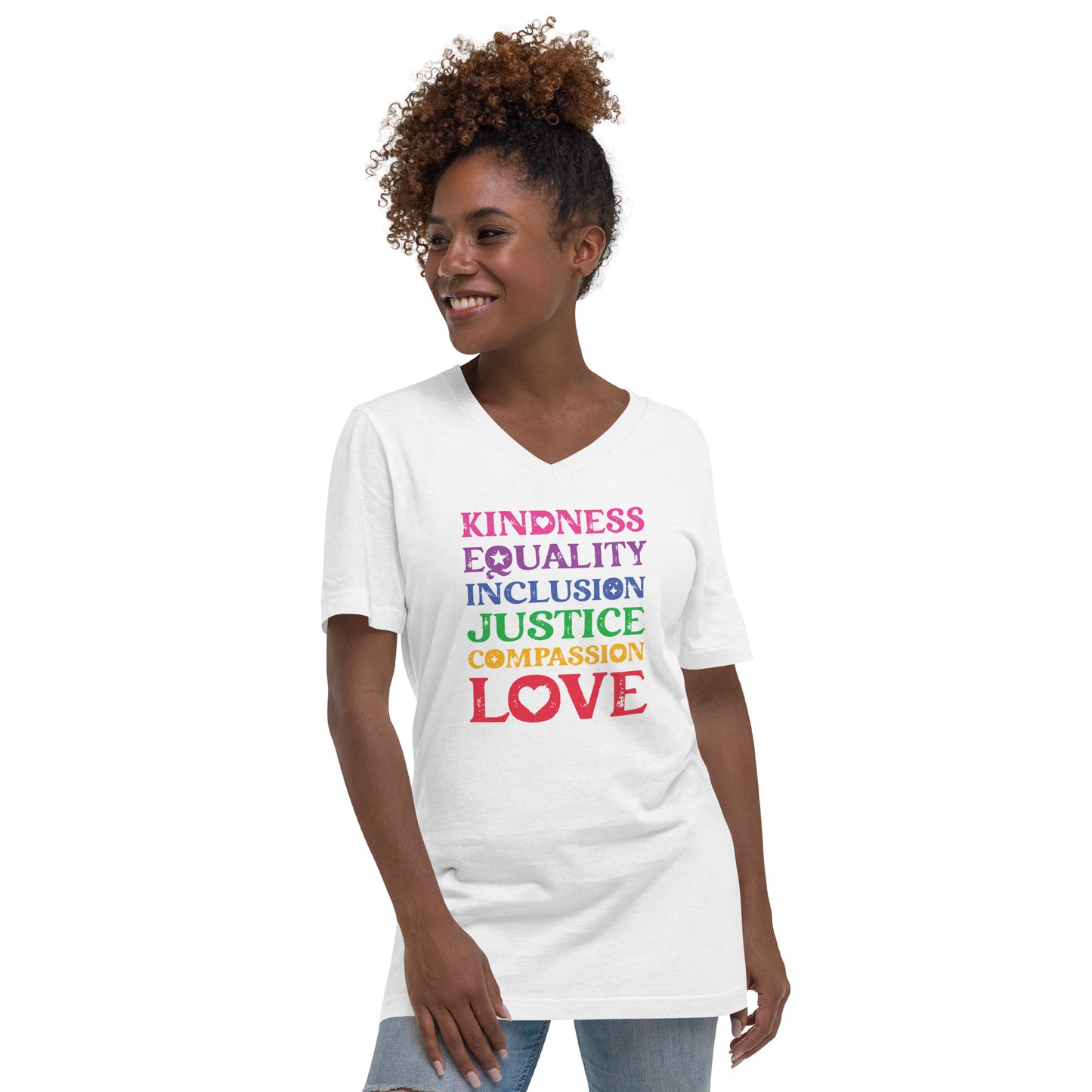 Kindness Equality Inclusion Justice Compassion Love (Rainbow) - V-Neck T-Shirt - Supporting Equal Rights for All Americans Shirts & Tops Woke American Apparel White S