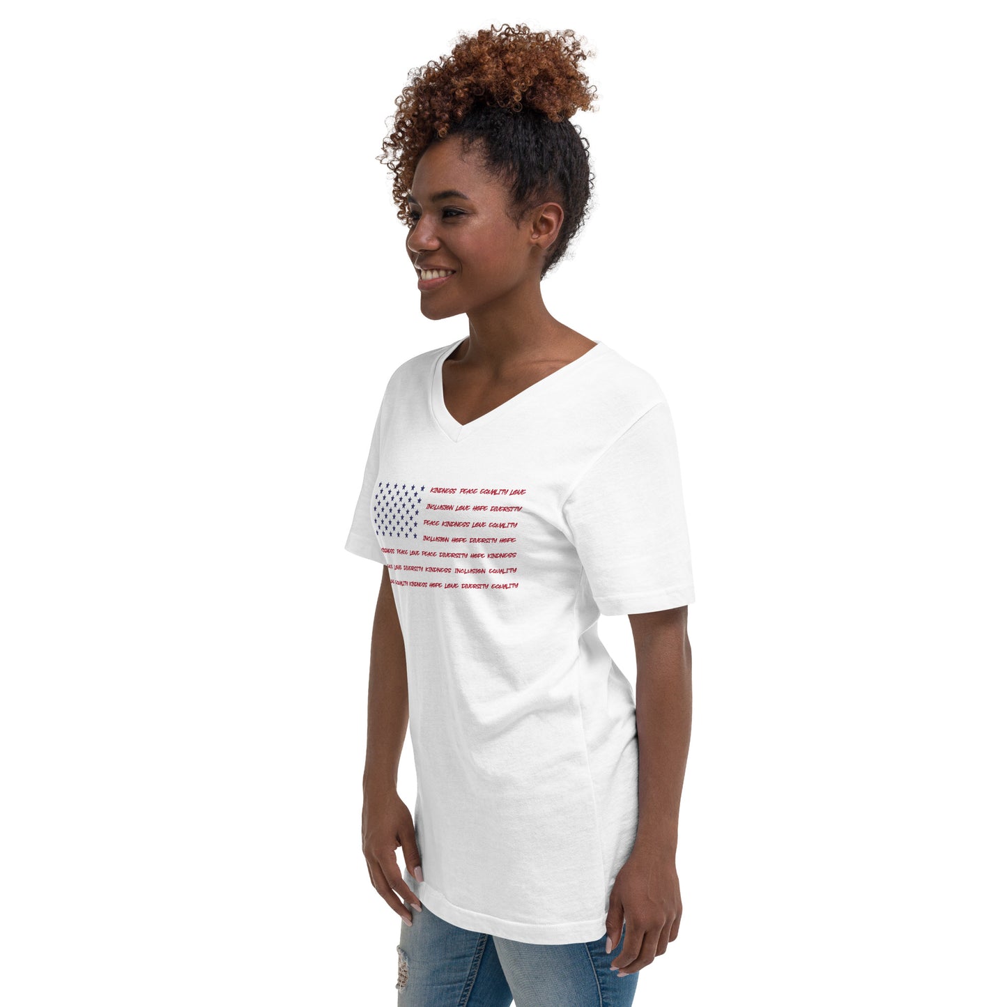 Flag Words of Kindness - V-Neck T-Shirt - Supporting Equal Rights for All Americans Shirts & Tops Woke American Apparel
