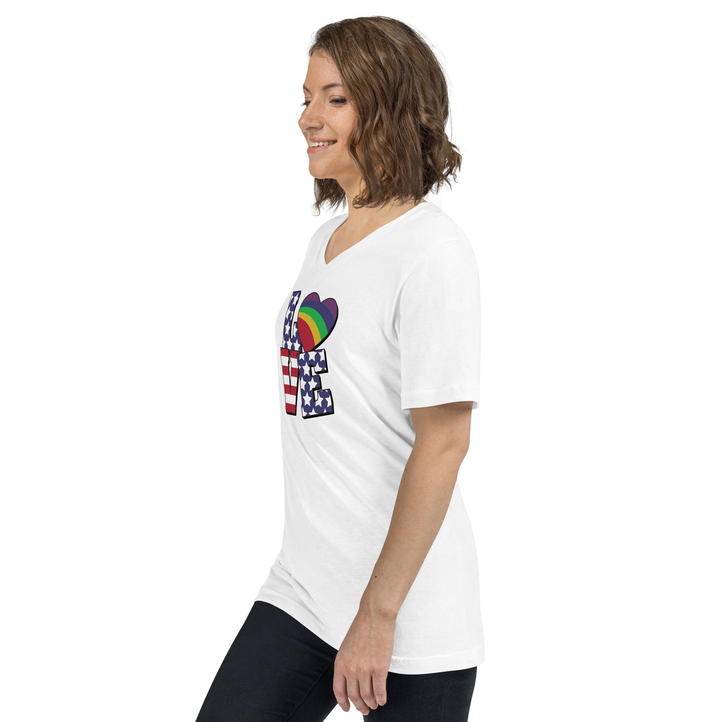 Old Glory Love with Rainbow Heart - V-Neck T-Shirt - Supporting Equal Rights for All Americans Shirts & Tops Woke American Apparel