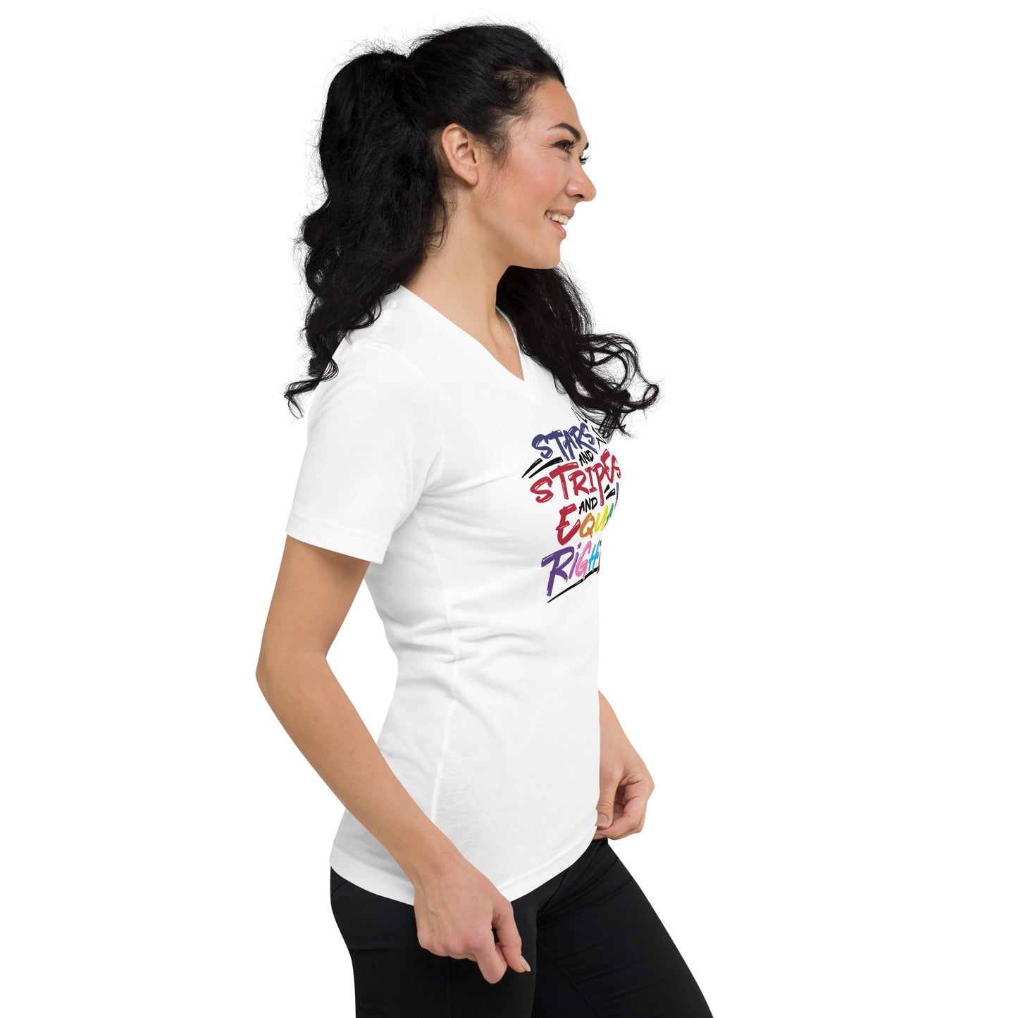 Stars and Stripes and Equal Rights (Rainbow Letters) - V-Neck T-Shirt - Supporting Equal Rights for All Americans Shirts & Tops Woke American Apparel