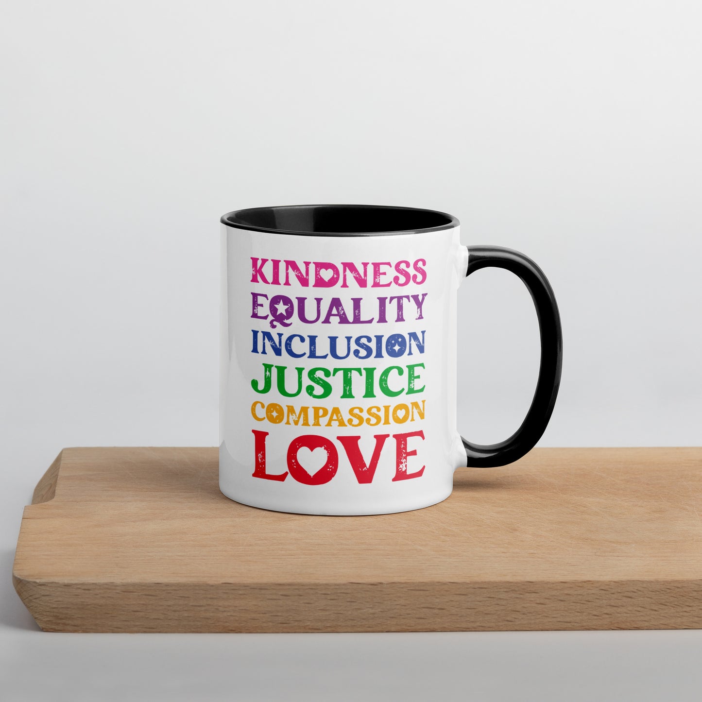Kindness Equality Inclusion Justice Compassion Love (Rainbow) - Mug - Supporting Equal Rights for All Americans Mugs Woke American Apparel 11 oz
