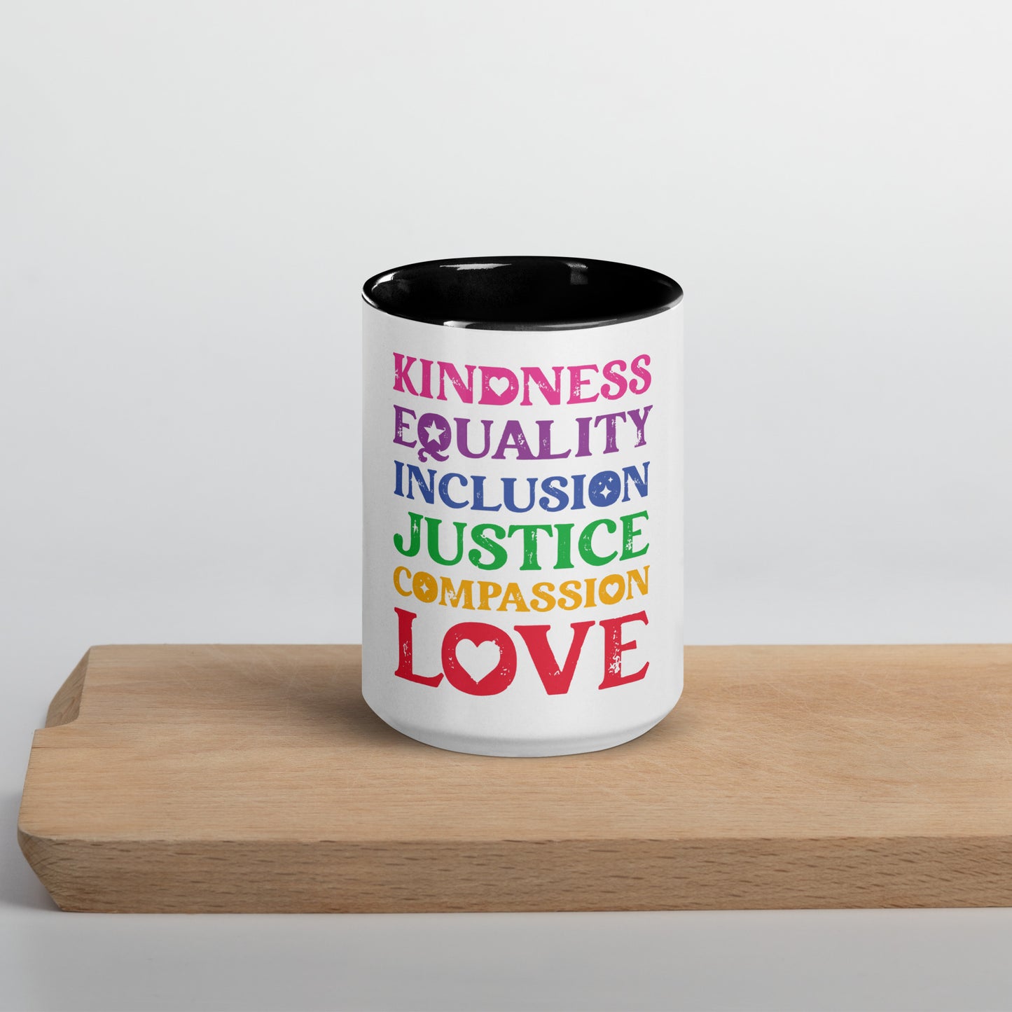 Kindness Equality Inclusion Justice Compassion Love (Rainbow) - Mug - Supporting Equal Rights for All Americans Mugs Woke American Apparel