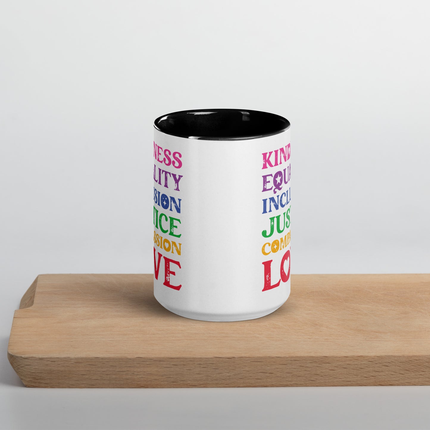 Kindness Equality Inclusion Justice Compassion Love (Rainbow) - Mug - Supporting Equal Rights for All Americans Mugs Woke American Apparel