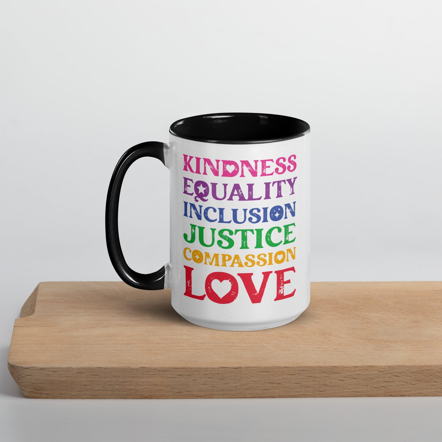 Kindness Equality Inclusion Justice Compassion Love (Rainbow) - Mug - Supporting Equal Rights for All Americans Mugs Woke American Apparel