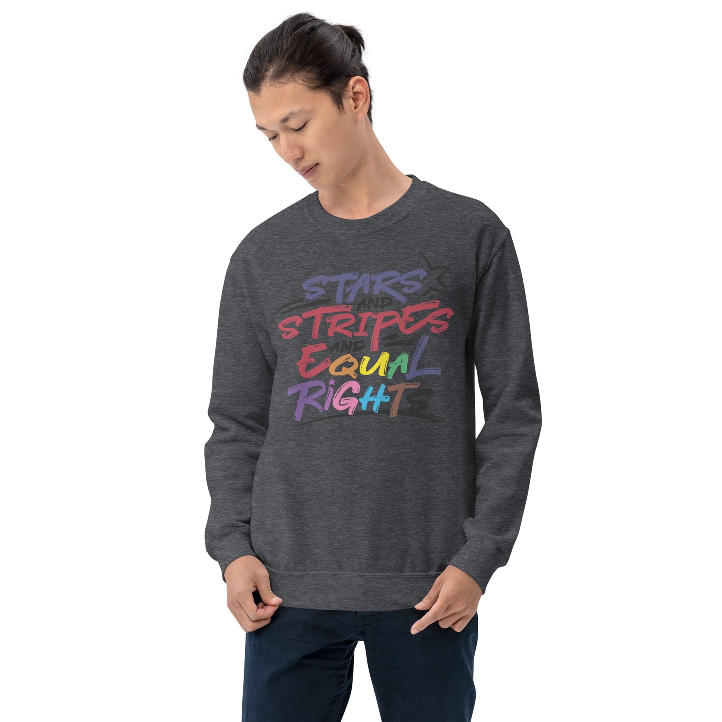 Stars and Stripes and Equal Rights (Rainbow Letters) - Unisex Sweatshirt - Supporting Equal Rights for All Americans Shirts & Tops Woke American Apparel Dark Heather S
