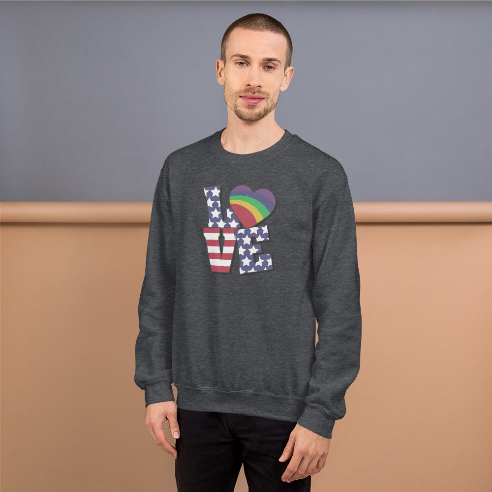 Old Glory Love with Rainbow Heart - Unisex Sweatshirt - Supporting Equal Rights for All Americans Shirts & Tops Woke American Apparel Dark Heather S