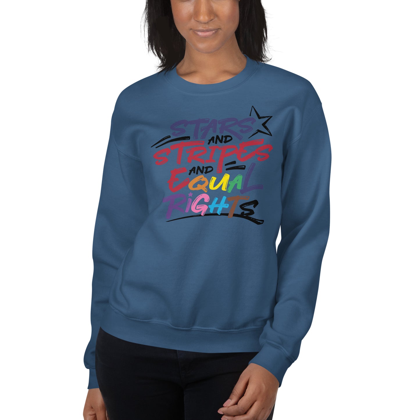 Stars and Stripes and Equal Rights (Rainbow Letters) - Unisex Sweatshirt - Supporting Equal Rights for All Americans Shirts & Tops Woke American Apparel Indigo Blue S