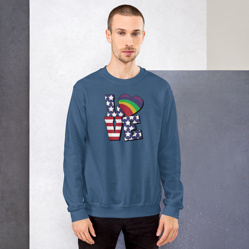 Old Glory Love with Rainbow Heart - Unisex Sweatshirt - Supporting Equal Rights for All Americans Shirts & Tops Woke American Apparel Indigo Blue S