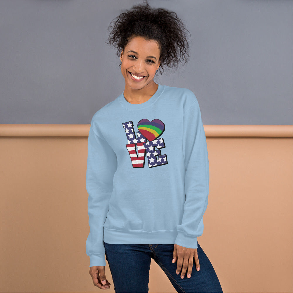 Old Glory Love with Rainbow Heart - Unisex Sweatshirt - Supporting Equal Rights for All Americans Shirts & Tops Woke American Apparel Light Blue S