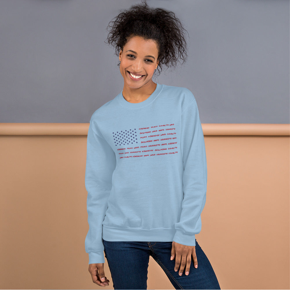Flag Words of Kindness - Unisex Sweatshirt - Supporting Equal Rights for All Americans Shirts & Tops Woke American Apparel Light Blue S