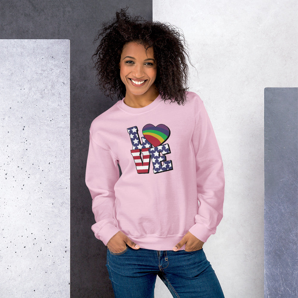 Old Glory Love with Rainbow Heart - Unisex Sweatshirt - Supporting Equal Rights for All Americans Shirts & Tops Woke American Apparel Light Pink S