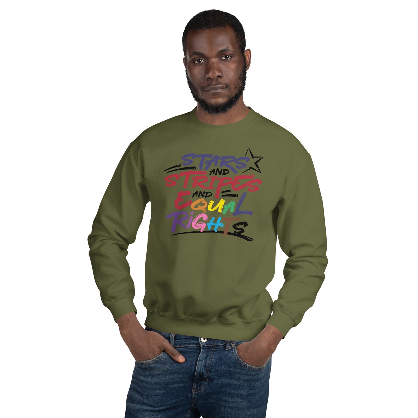 Stars and Stripes and Equal Rights (Rainbow Letters) - Unisex Sweatshirt - Supporting Equal Rights for All Americans Shirts & Tops Woke American Apparel Military Green S
