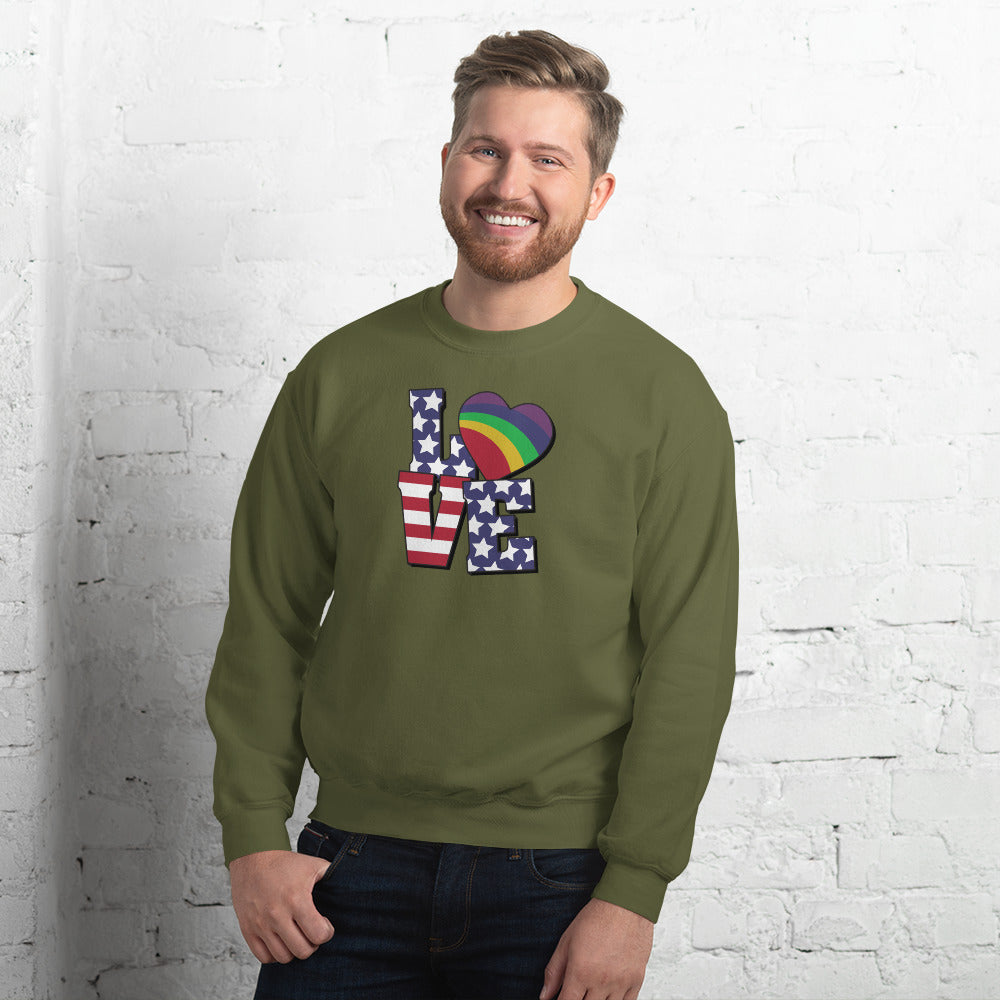 Old Glory Love with Rainbow Heart - Unisex Sweatshirt - Supporting Equal Rights for All Americans Shirts & Tops Woke American Apparel Military Green S