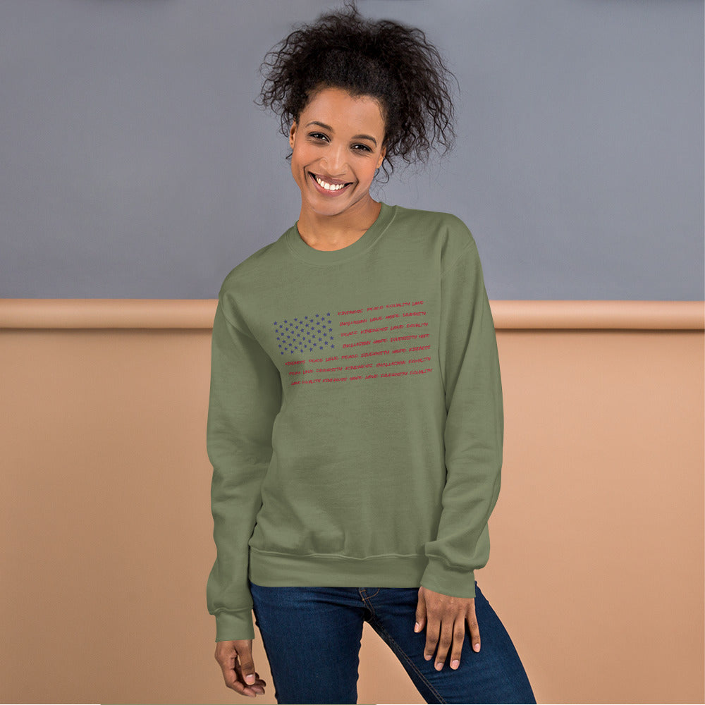 Flag Words of Kindness - Unisex Sweatshirt - Supporting Equal Rights for All Americans Shirts & Tops Woke American Apparel Military Green S