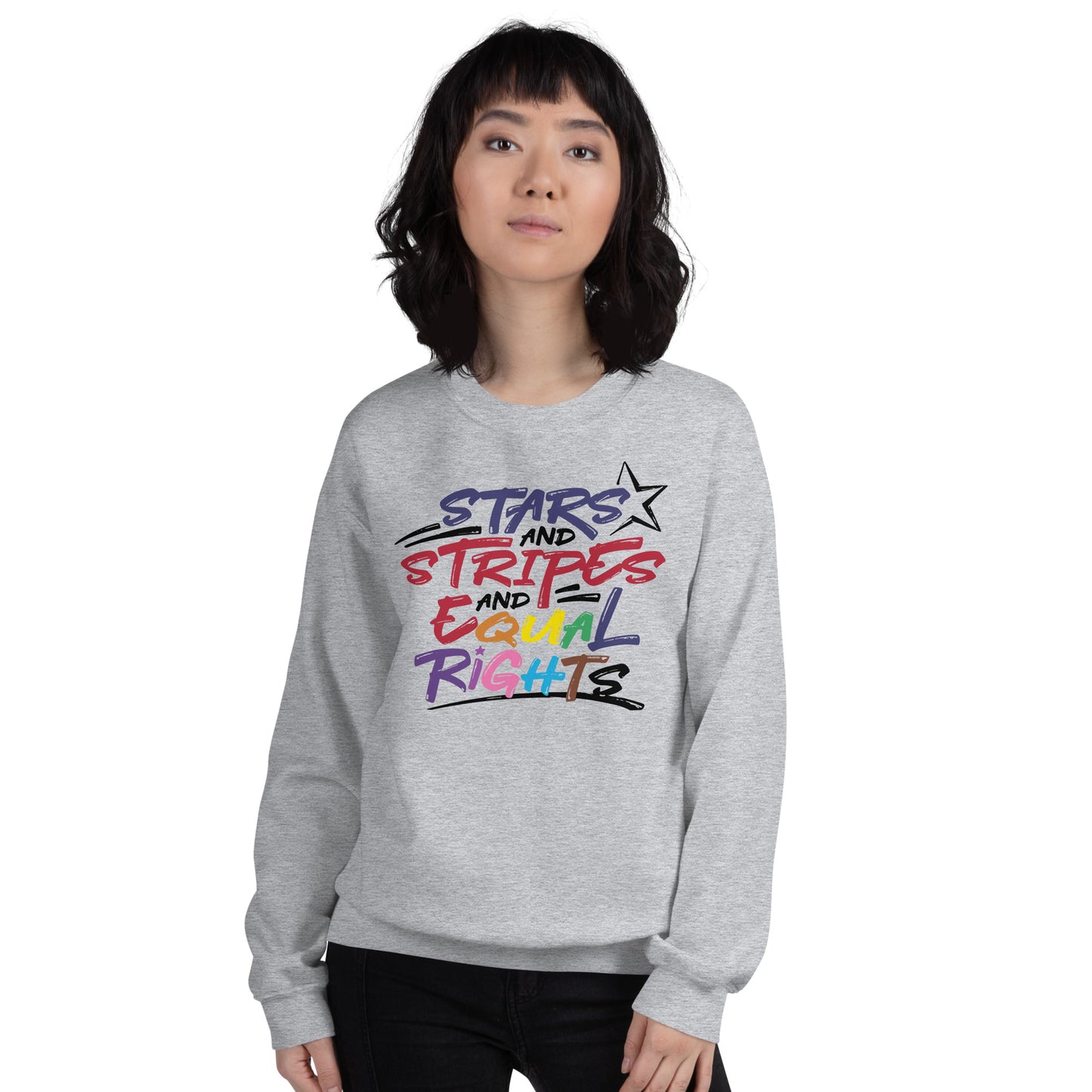 Stars and Stripes and Equal Rights (Rainbow Letters) - Unisex Sweatshirt - Supporting Equal Rights for All Americans Shirts & Tops Woke American Apparel Sport Grey S