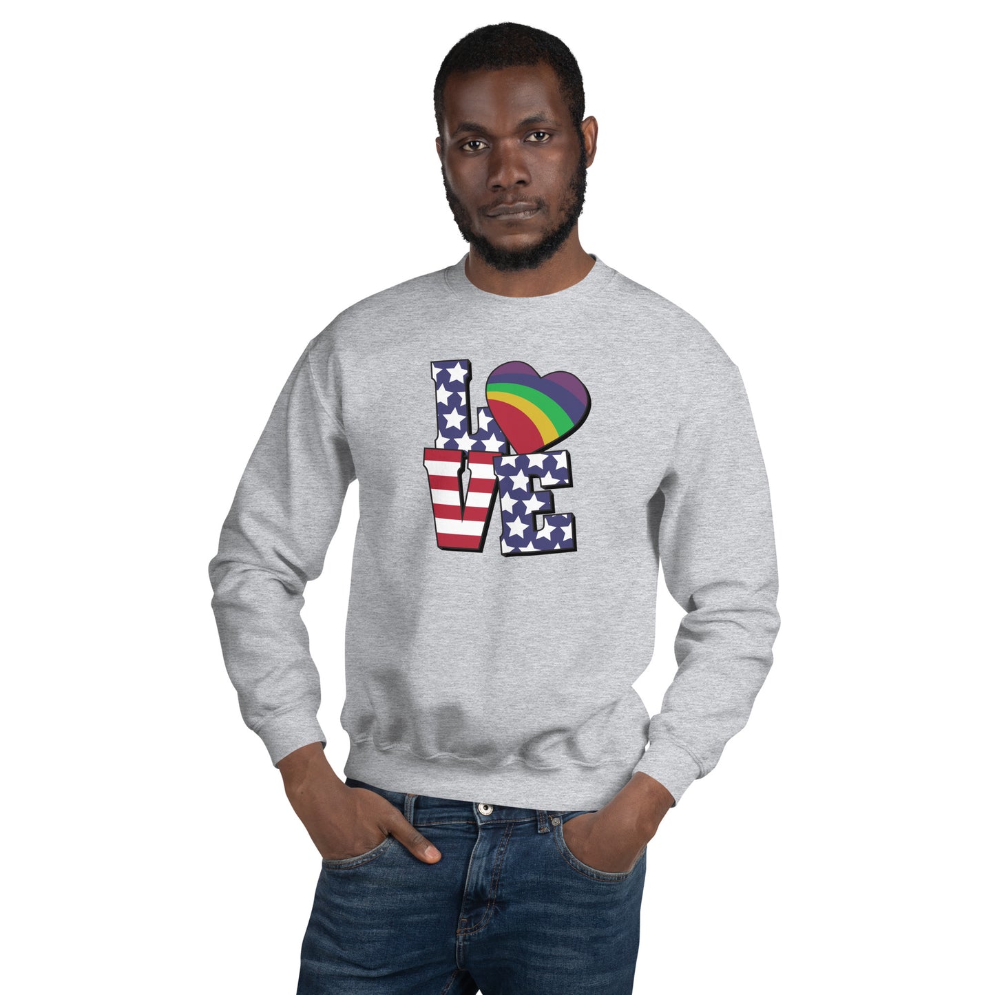 Old Glory Love with Rainbow Heart - Unisex Sweatshirt - Supporting Equal Rights for All Americans Shirts & Tops Woke American Apparel Sport Grey S