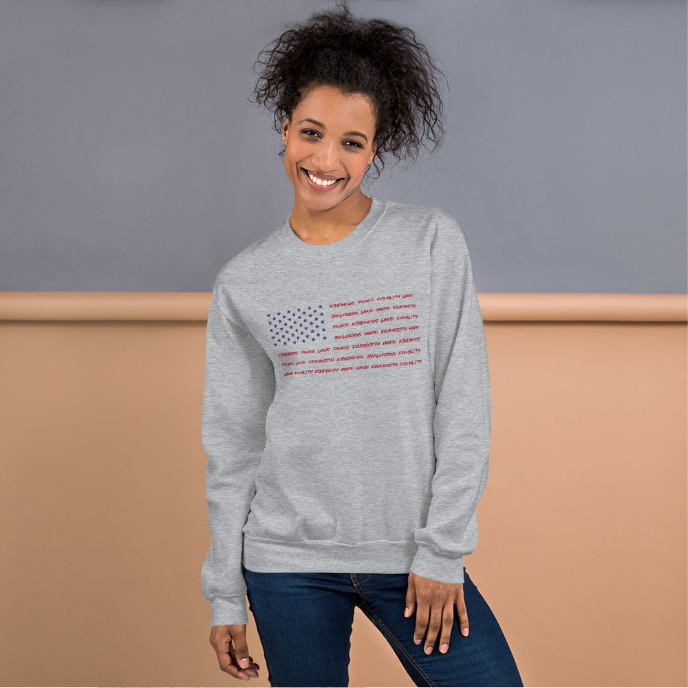 Flag Words of Kindness - Unisex Sweatshirt - Supporting Equal Rights for All Americans Shirts & Tops Woke American Apparel Sport Grey S