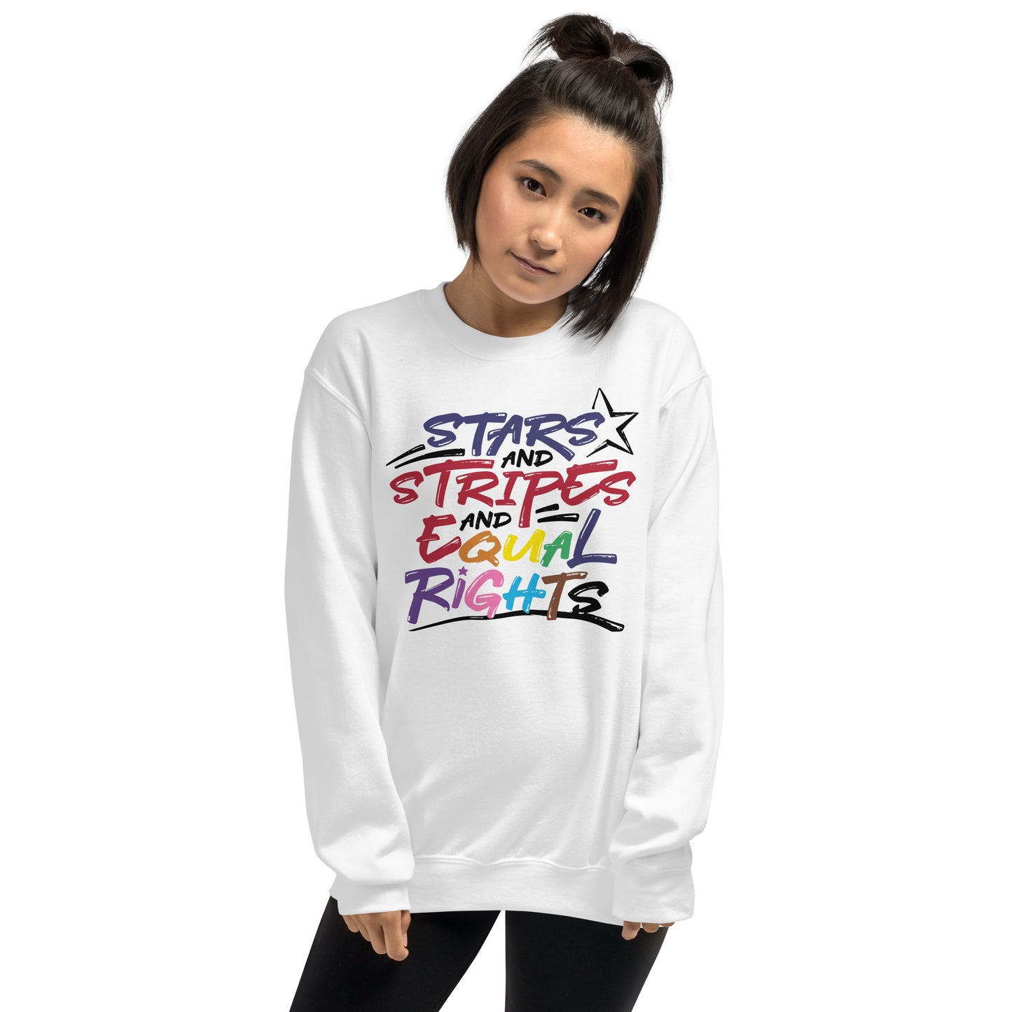 Stars and Stripes and Equal Rights (Rainbow Letters) - Unisex Sweatshirt - Supporting Equal Rights for All Americans Shirts & Tops Woke American Apparel White S