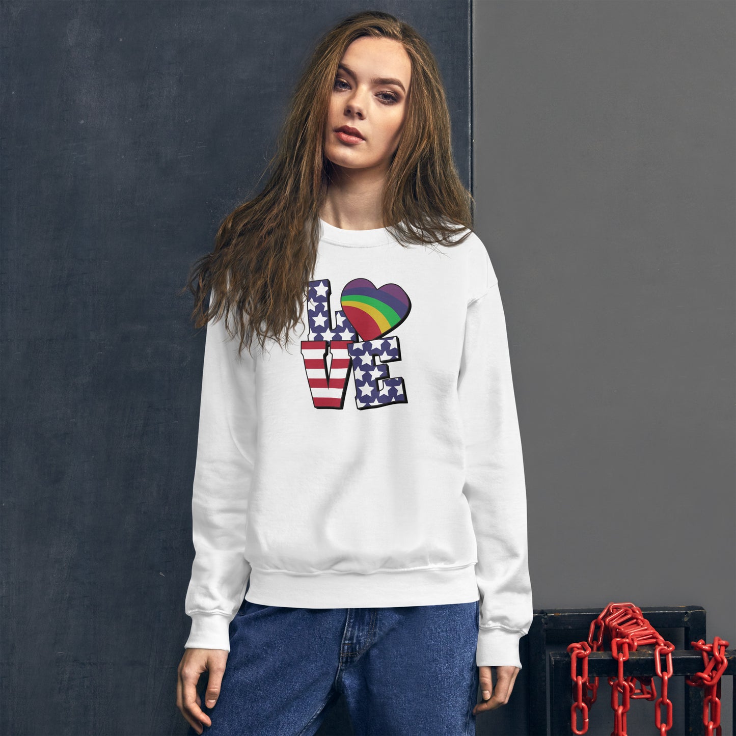 Old Glory Love with Rainbow Heart - Unisex Sweatshirt - Supporting Equal Rights for All Americans Shirts & Tops Woke American Apparel White S