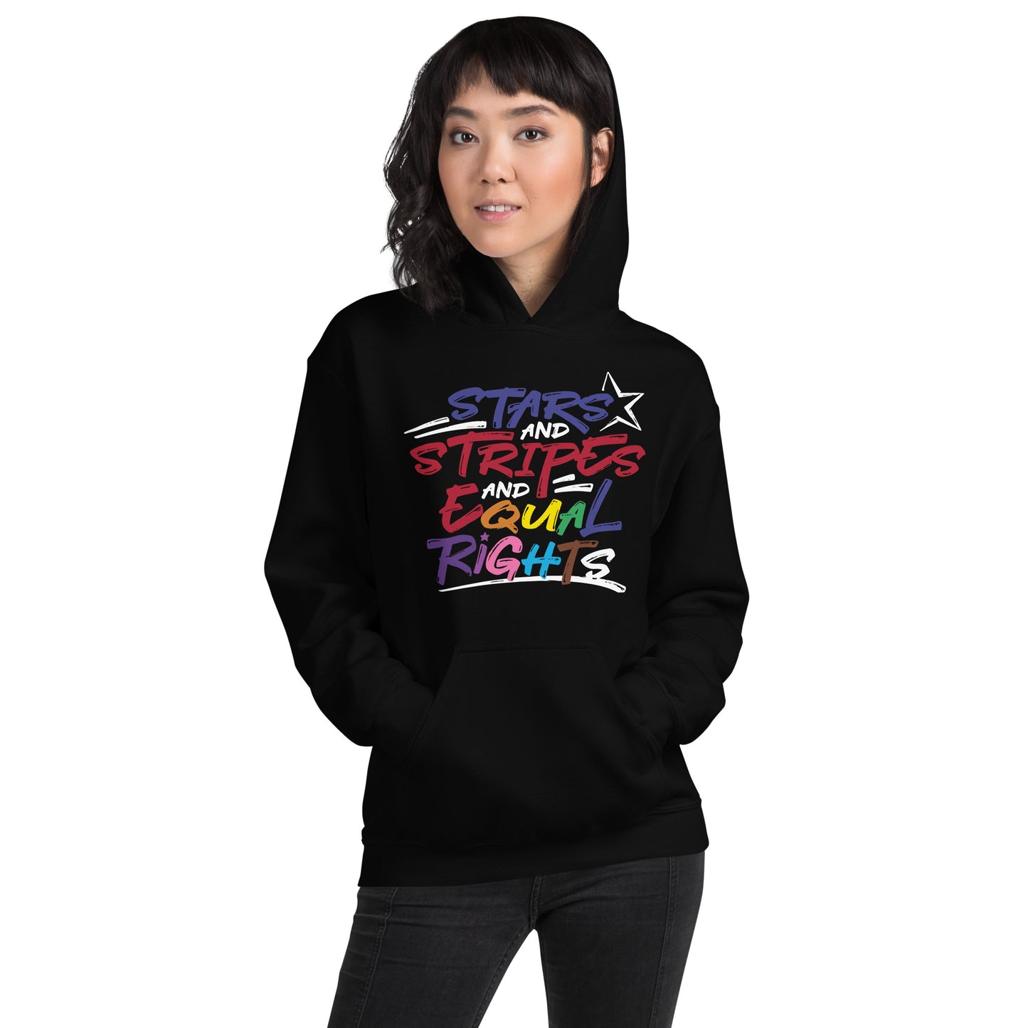 Stars and Stripes and Equal Rights (Rainbow Letters) - Unisex Hoodie in Dark Colors - Supporting Equal Rights for All Americans Shirts & Tops Woke American Apparel Black S