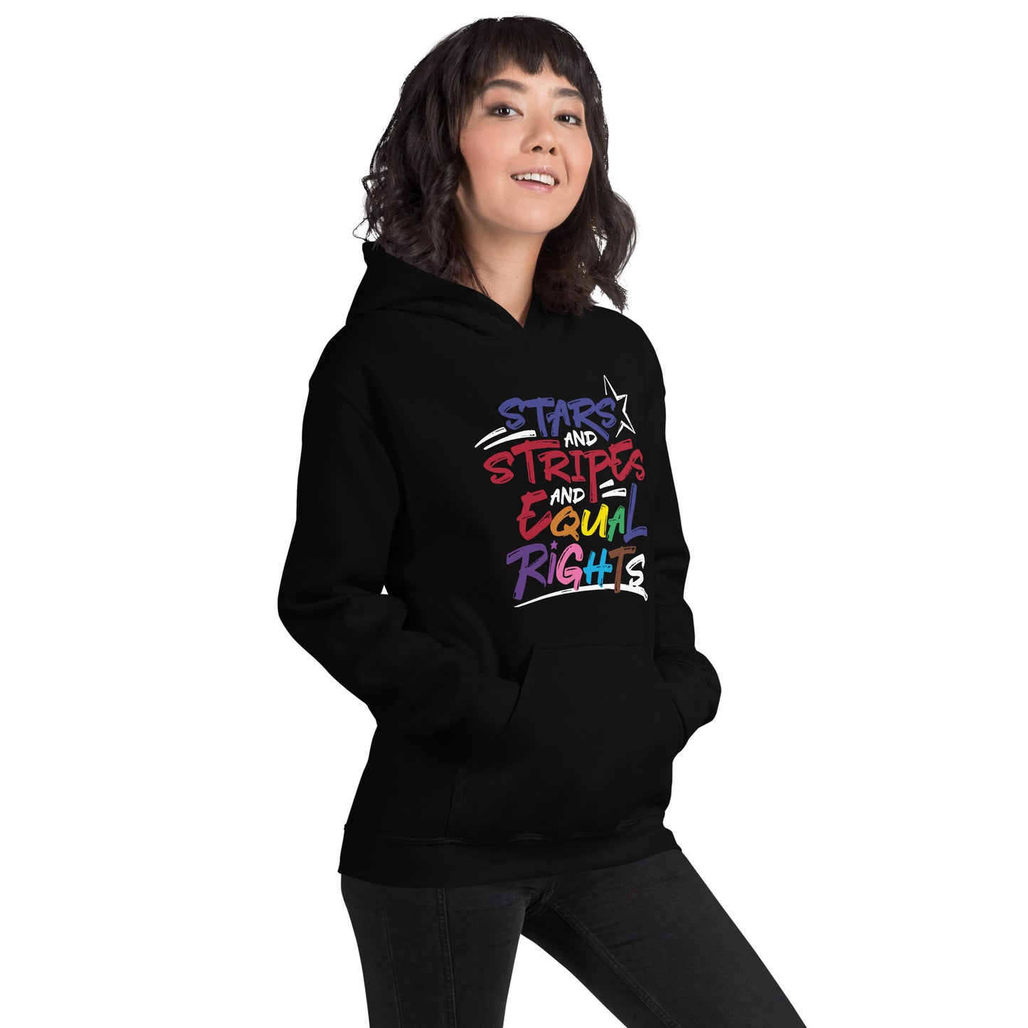 Stars and Stripes and Equal Rights (Rainbow Letters) - Unisex Hoodie in Dark Colors - Supporting Equal Rights for All Americans Shirts & Tops Woke American Apparel