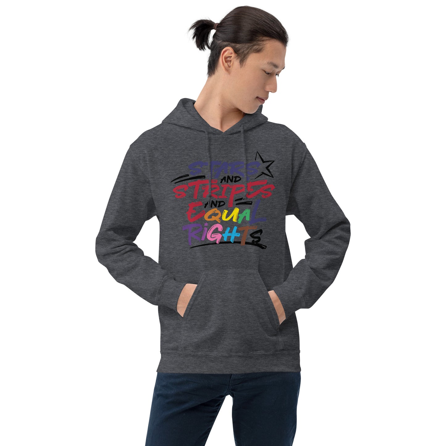 Stars and Stripes and Equal Rights (Rainbow Letters) - Unisex Hoodie - Supporting Equal Rights for All Americans Shirts & Tops Woke American Apparel Dark Heather S