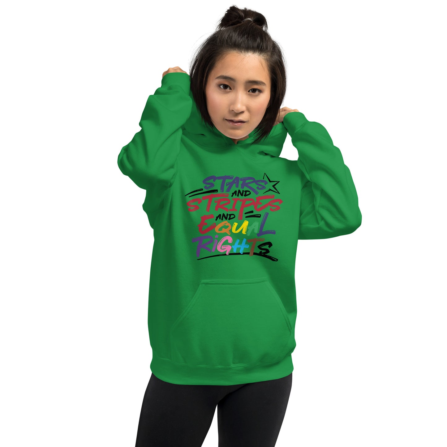 Stars and Stripes and Equal Rights (Rainbow Letters) - Unisex Hoodie - Supporting Equal Rights for All Americans Shirts & Tops Woke American Apparel Irish Green S