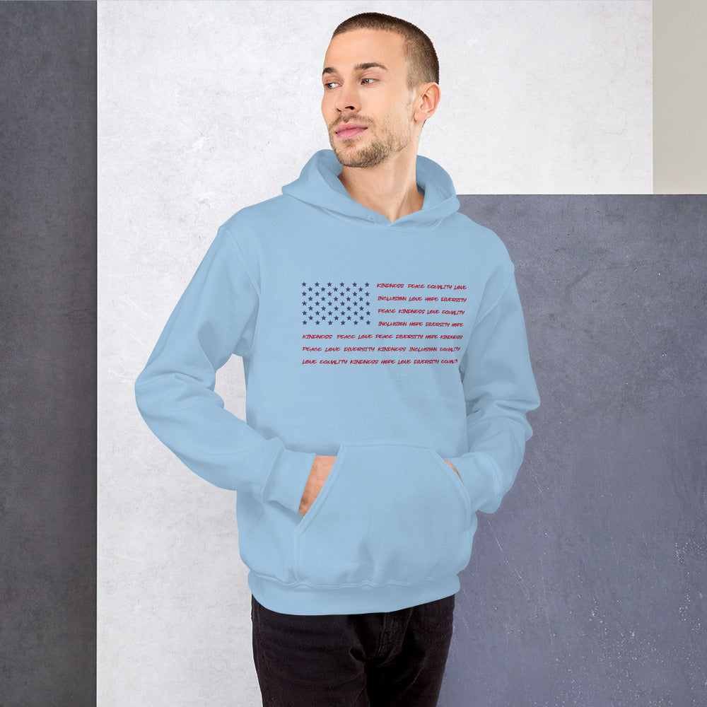 Flag Words of Kindness - Unisex Hoodie - Supporting Equal Rights for All Americans Shirts & Tops Woke American Apparel Light Blue S