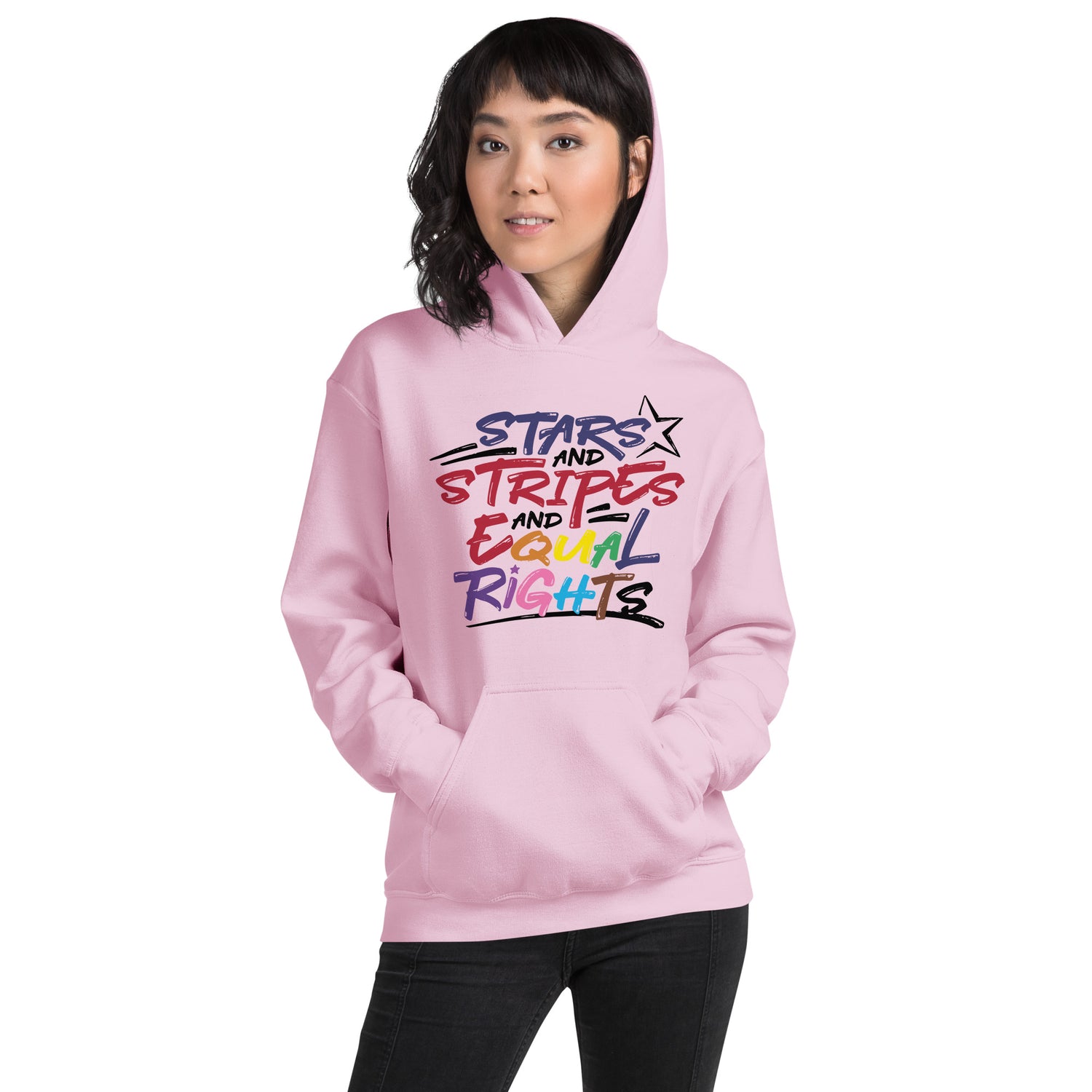 Stars and Stripes and Equal Rights (Rainbow Letters) - Unisex Hoodie - Supporting Equal Rights for All Americans Shirts & Tops Woke American Apparel Light Pink S
