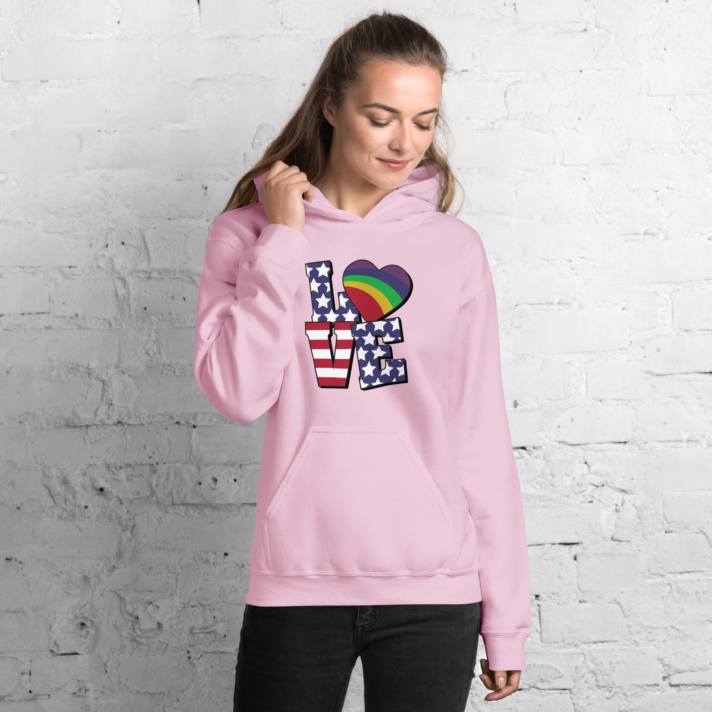 Old Glory Love with Rainbow Heart - Unisex Hoodie - Supporting Equal Rights for All Americans Shirts & Tops Woke American Apparel Light Pink S