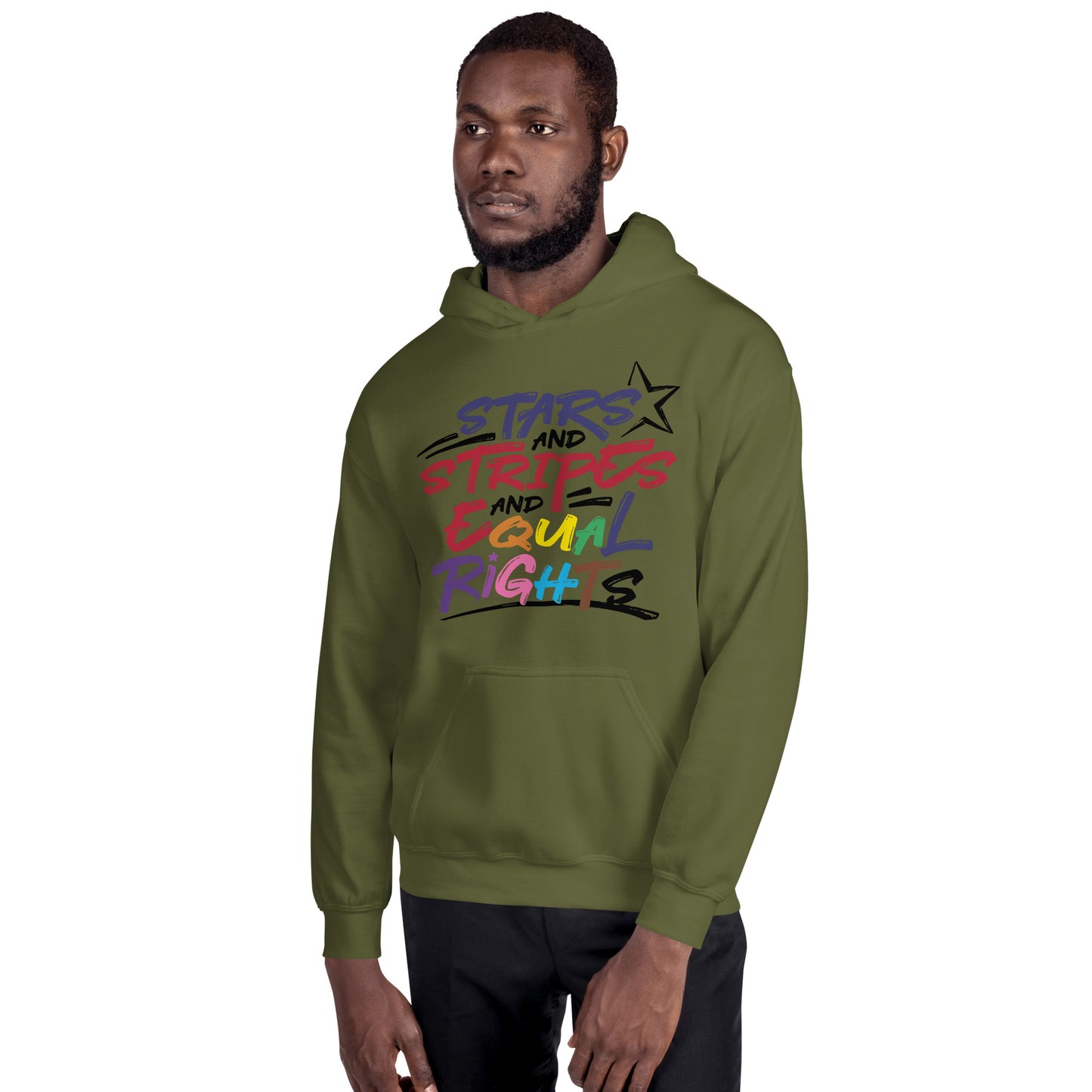 Stars and Stripes and Equal Rights (Rainbow Letters) - Unisex Hoodie - Supporting Equal Rights for All Americans Shirts & Tops Woke American Apparel