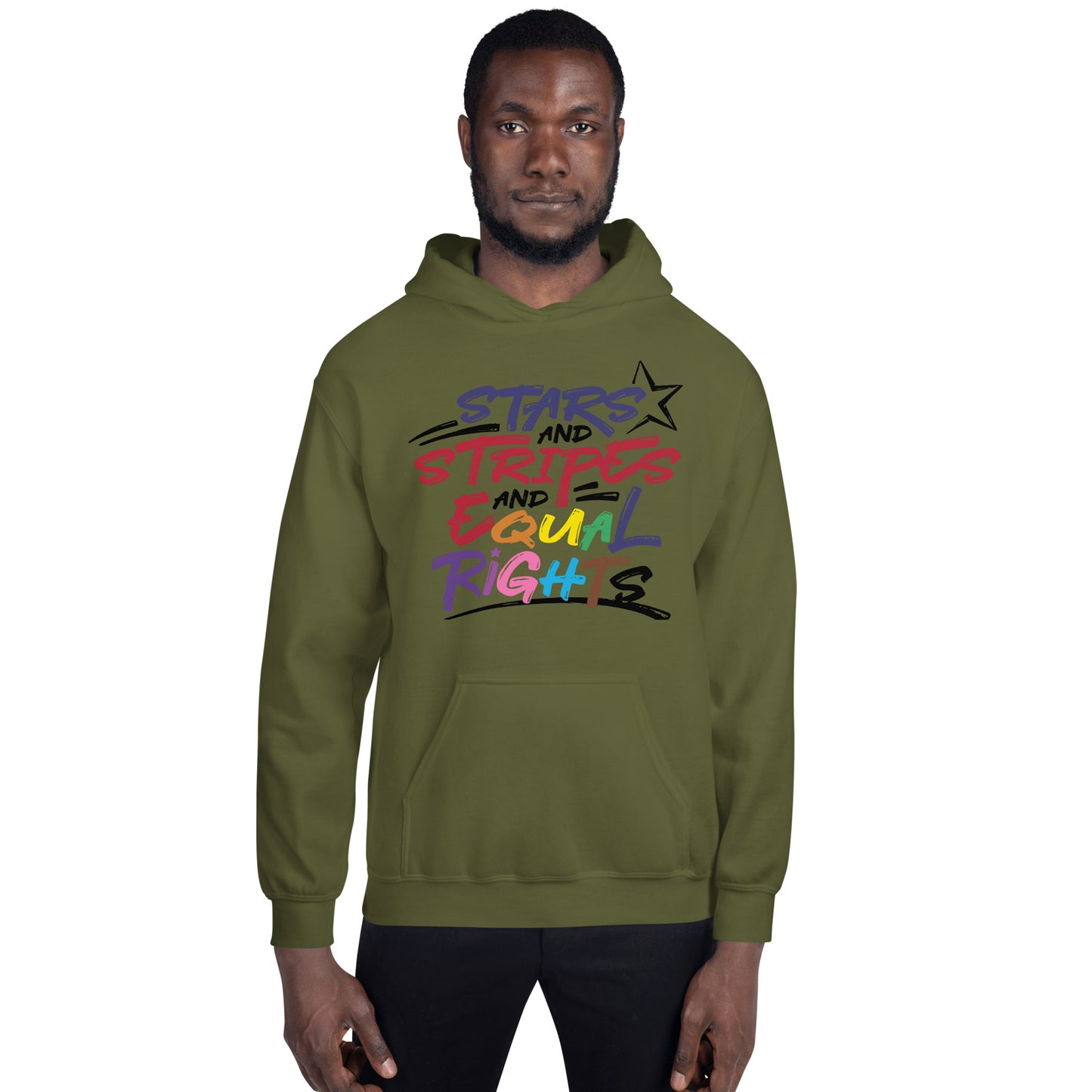 Stars and Stripes and Equal Rights (Rainbow Letters) - Unisex Hoodie - Supporting Equal Rights for All Americans Shirts & Tops Woke American Apparel Military Green S