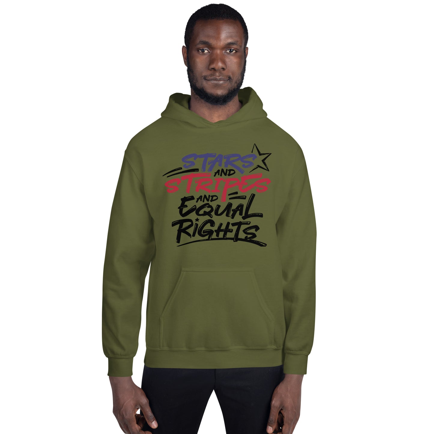 Stars and Stripes and Equal Rights - Unisex Hoodie - Supporting Black Lives Matter and Equal Rights for All Americans Shirts & Tops Woke American Apparel Military Green S