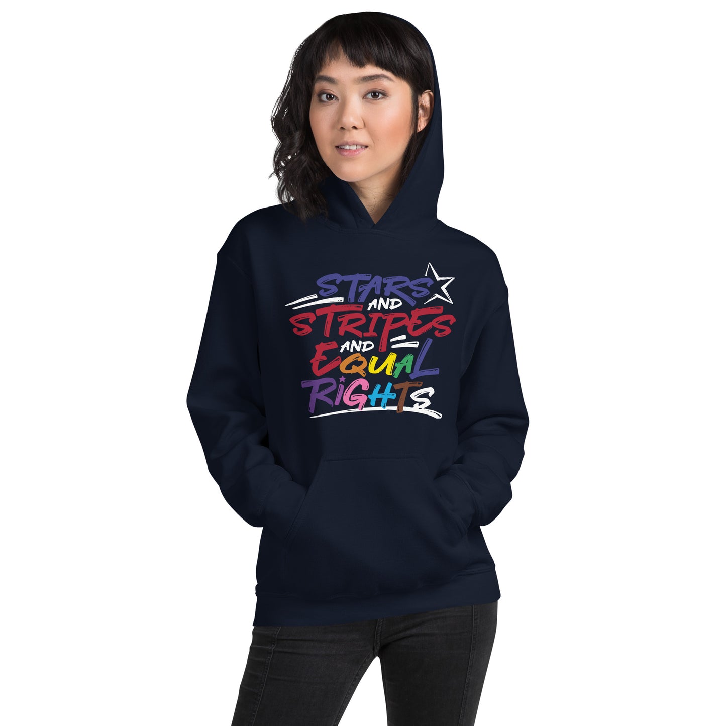 Stars and Stripes and Equal Rights (Rainbow Letters) - Unisex Hoodie in Dark Colors - Supporting Equal Rights for All Americans Shirts & Tops Woke American Apparel Navy S