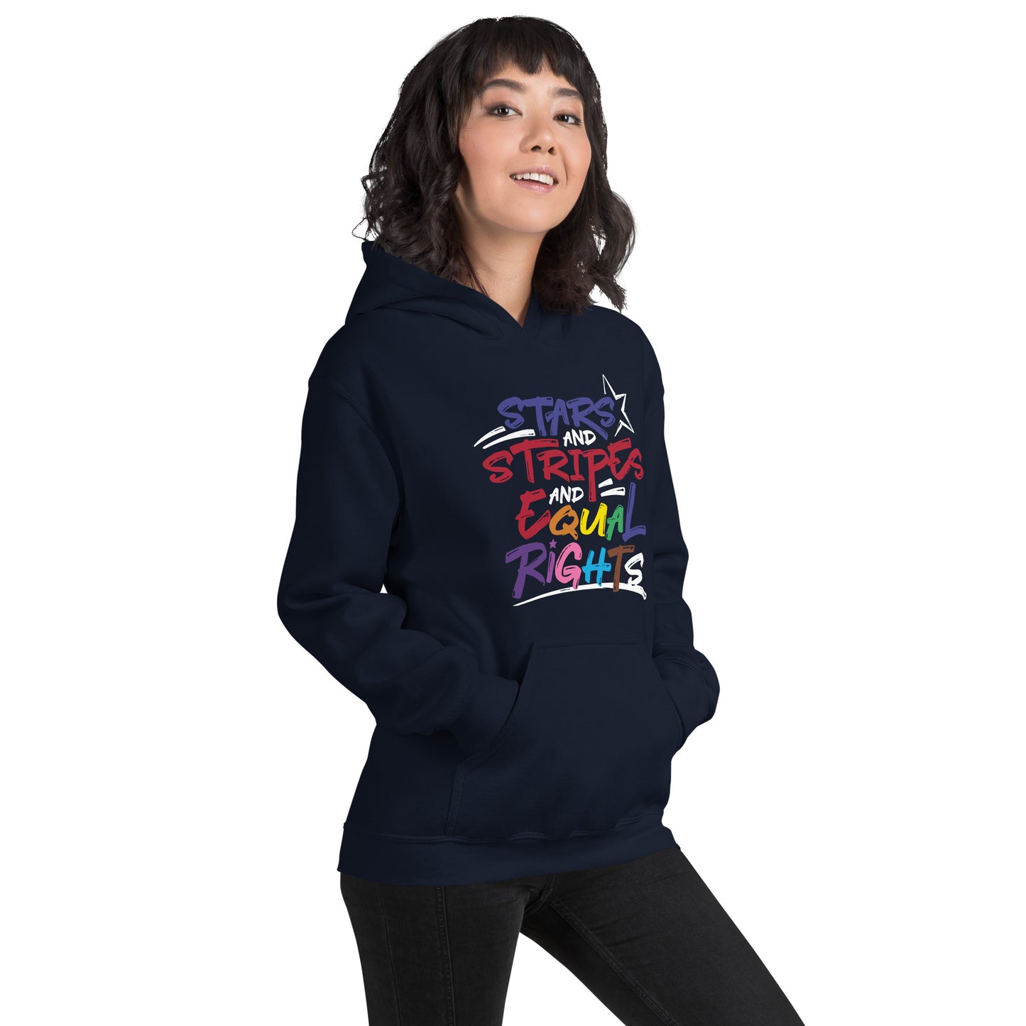 Stars and Stripes and Equal Rights (Rainbow Letters) - Unisex Hoodie in Dark Colors - Supporting Equal Rights for All Americans Shirts & Tops Woke American Apparel