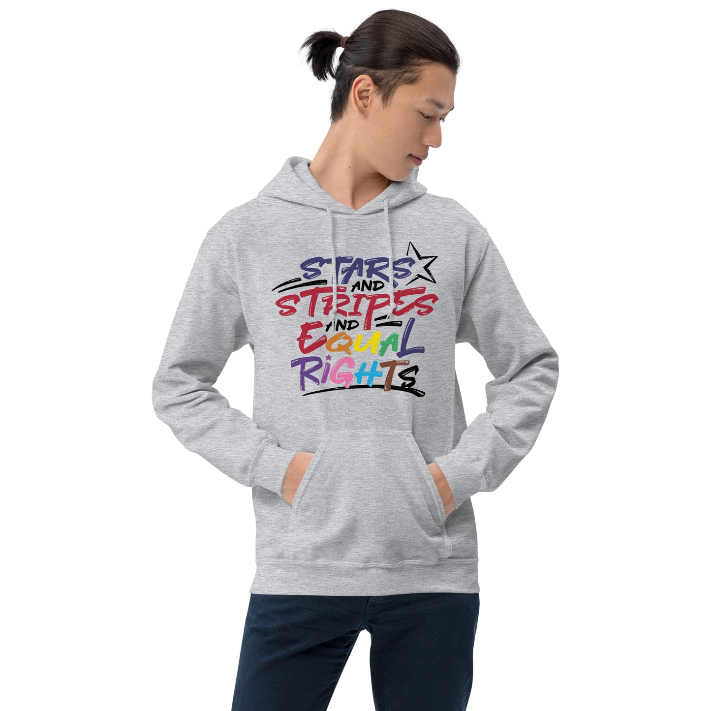 Stars and Stripes and Equal Rights (Rainbow Letters) - Unisex Hoodie - Supporting Equal Rights for All Americans Shirts & Tops Woke American Apparel Sport Grey S