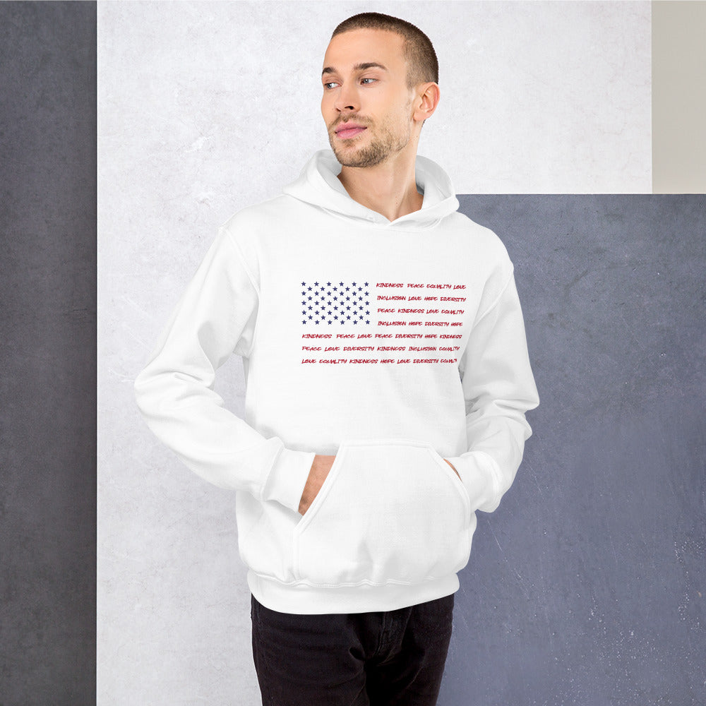 Flag Words of Kindness - Unisex Hoodie - Supporting Equal Rights for All Americans Shirts & Tops Woke American Apparel White S