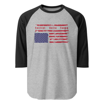 Foxtrot Delta Tango (Flag) - 3/4 Sleeve Raglan T-Shirt Shirts & Tops Woke American Apparel Heather Grey/Black XS