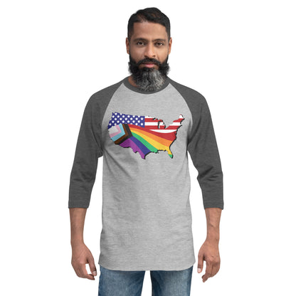 US Map Old Glory Pride - 3/4 Sleeve Raglan Shirt - Supporting Equal Rights for All Americans Shirts & Tops Woke American Apparel Heather Grey/Heather Charcoal XS 
