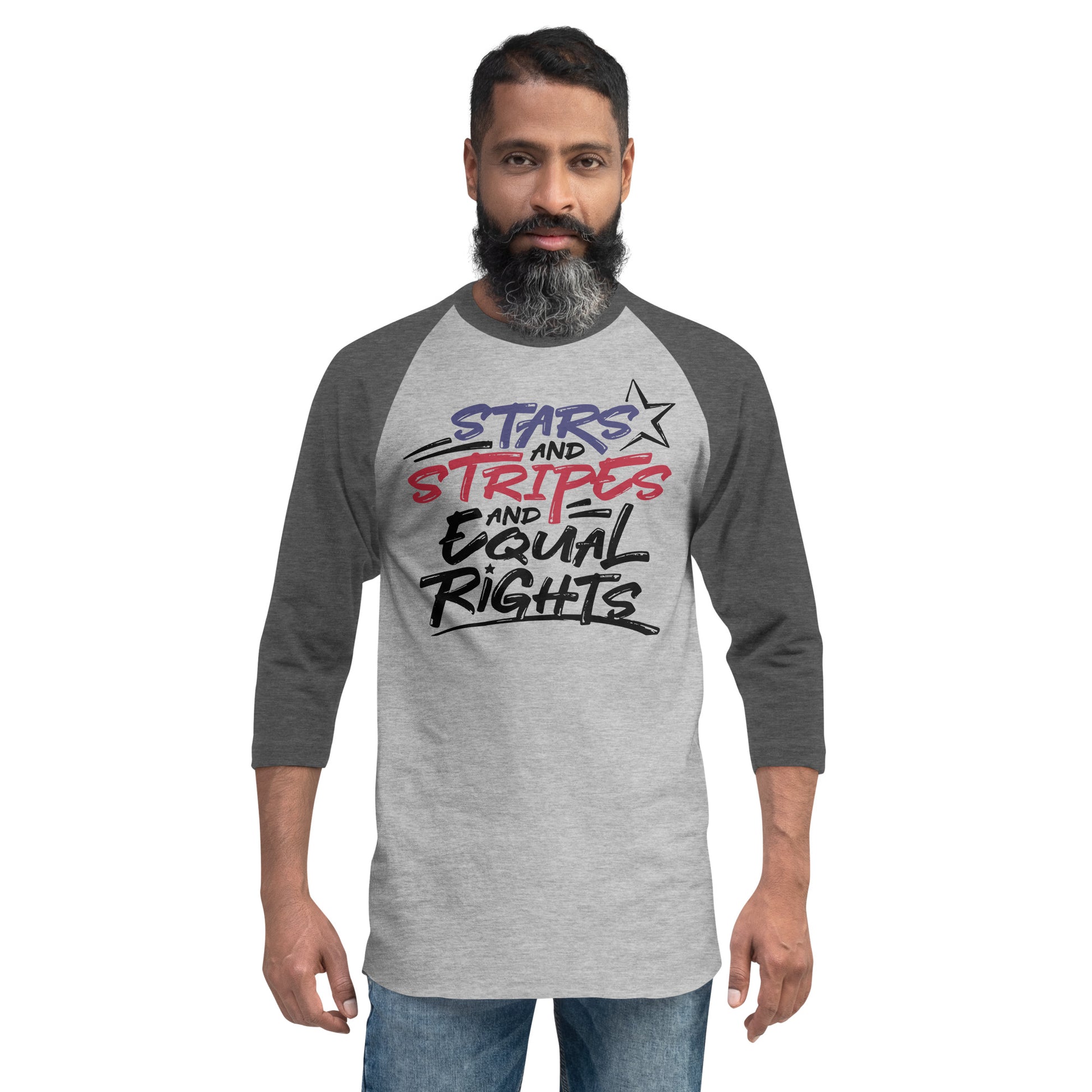 Stars and Stripes and Equal Rights - 3/4 Sleeve Raglan T-Shirt - Supporting Black Lives Matter and Equal Rights for All Americans Shirts & Tops Woke American Apparel Heather Grey/Heather Charcoal XS 