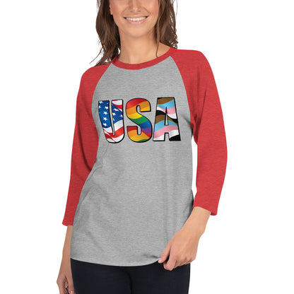 USA Pride - 3/4 Sleeve Raglan Shirt - Supporting Equal Rights for All Americans Shirts & Tops Woke American Apparel Heather Grey/Heather Red XS 