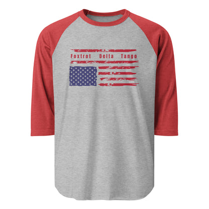 Foxtrot Delta Tango (Flag) - 3/4 Sleeve Raglan T-Shirt Shirts & Tops Woke American Apparel Heather Grey/Heather Red XS